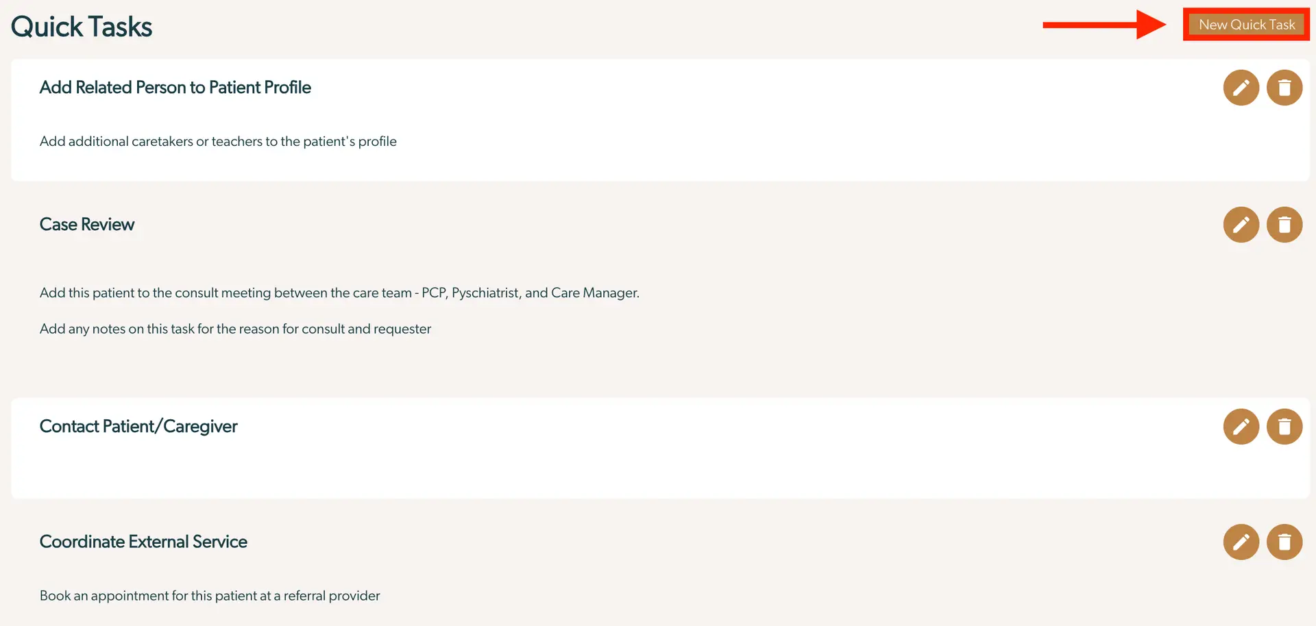 Mirah Collaborative Care Quick Tasks screen showing options to add related person, review case, contact patient, and coordinate external service.