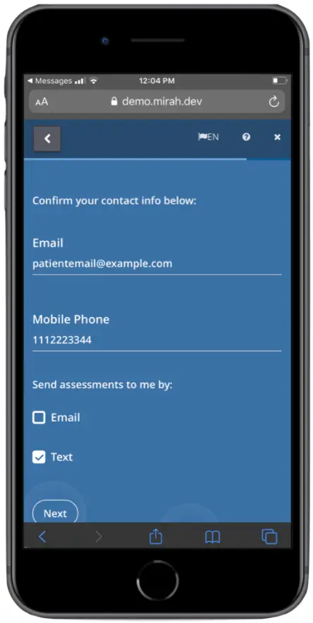 Mirah patient interface for managing notifications, showing contact info confirmation and assessment delivery preferences.
