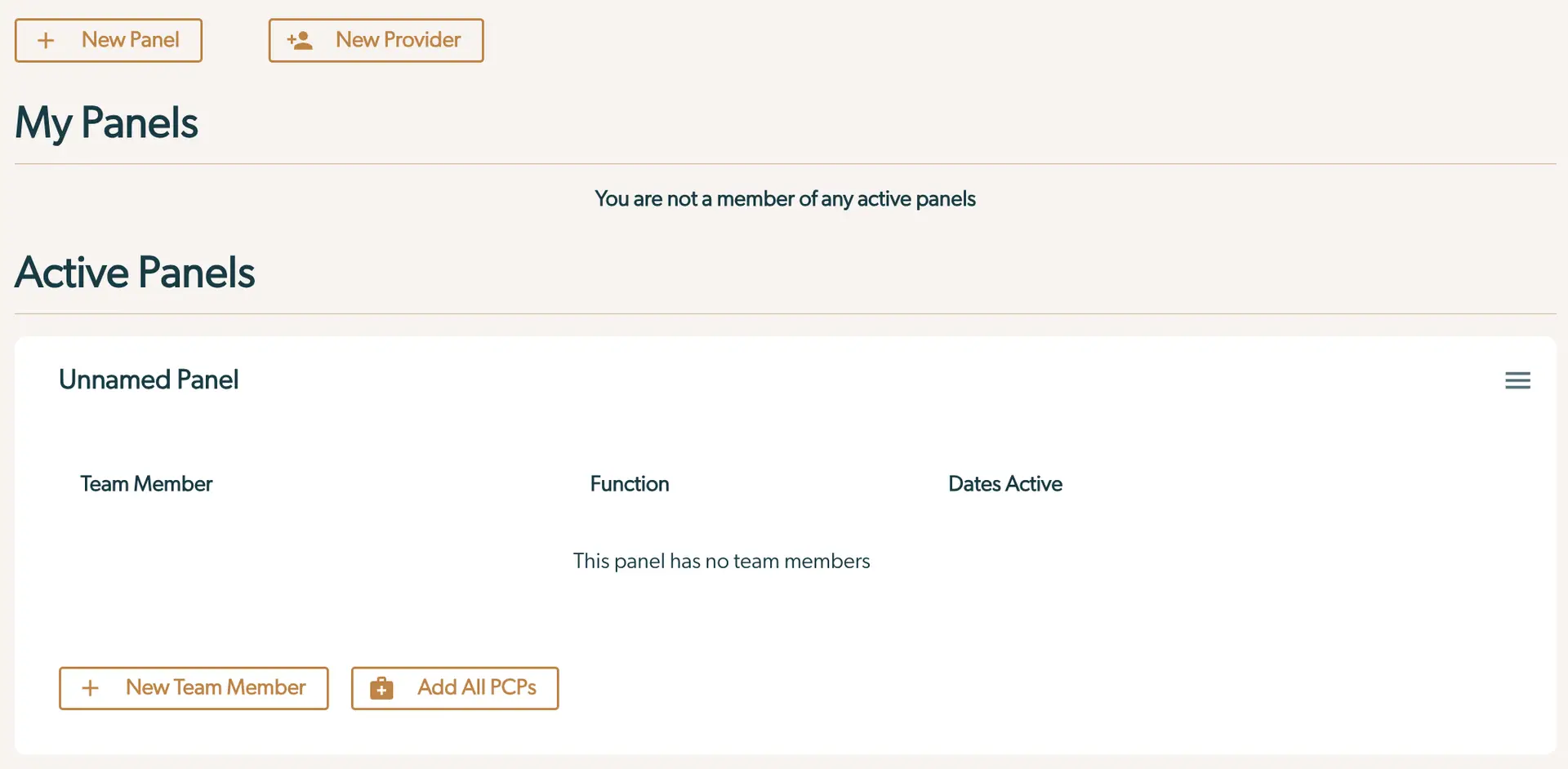 Mirah Collaborative Care Panels screen showing options to create and edit panels with no active team members.
