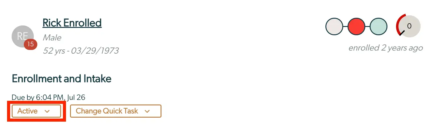 Mirah Collaborative Care task management screen for Rick Enrolled, showing task status and template options.