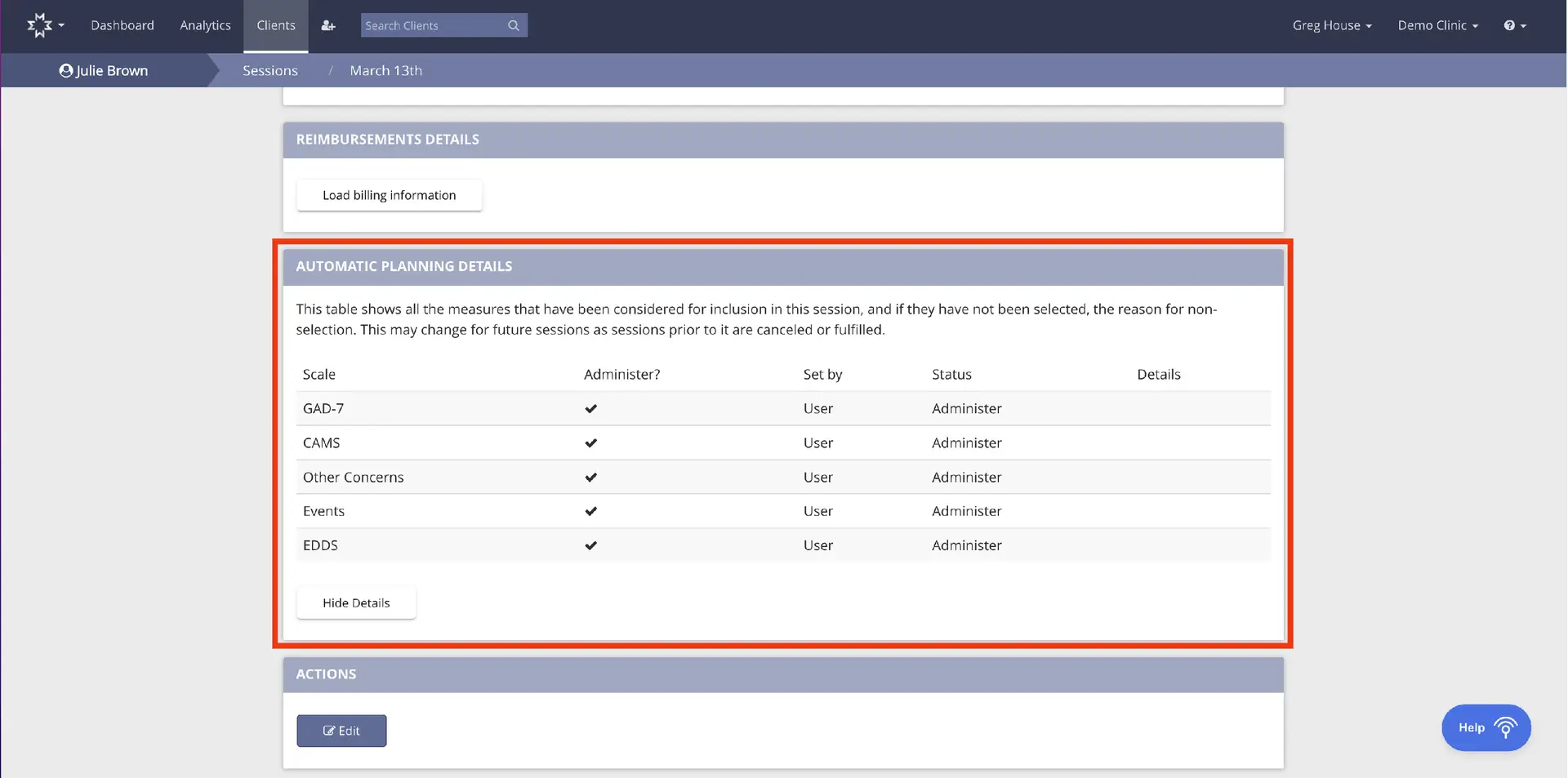 Mirah platform session view for Julie Brown on March 13th showing Automatic Planning Details