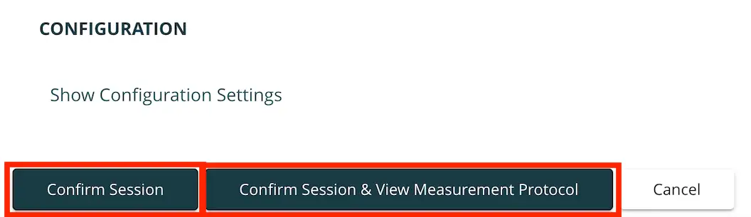 Mirah Configuration screen with options to confirm session and view measurement protocol