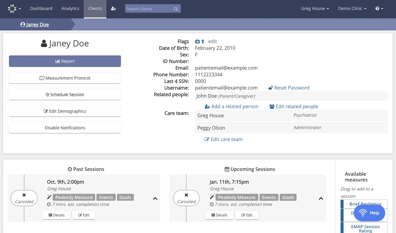 Mirah platform patient profile page for Janey Doe, showing patient details, session management options, and care team information.