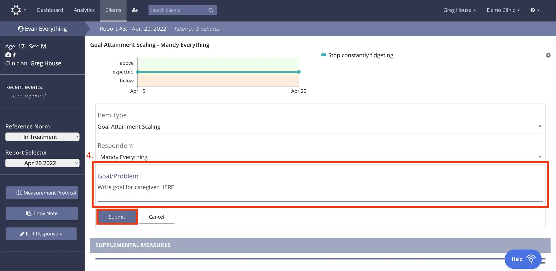 Mirah platform Goal Attainment Scaling page for Evan Everything, showing caregiver goal entry interface.