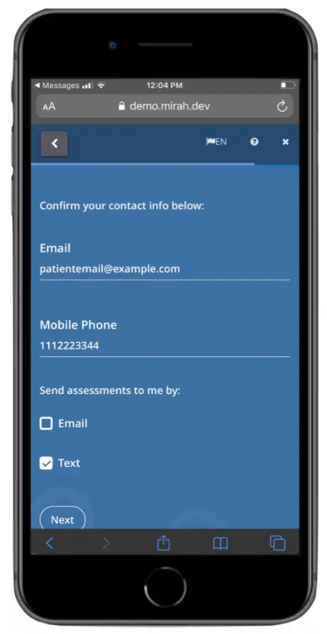 Mirah patient interface contact confirmation screen