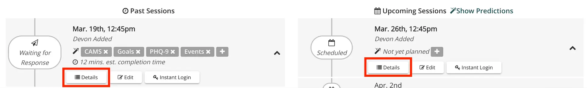 Mirah platform screenshot showing Past and Upcoming Sessions for editing recurring appointments.
