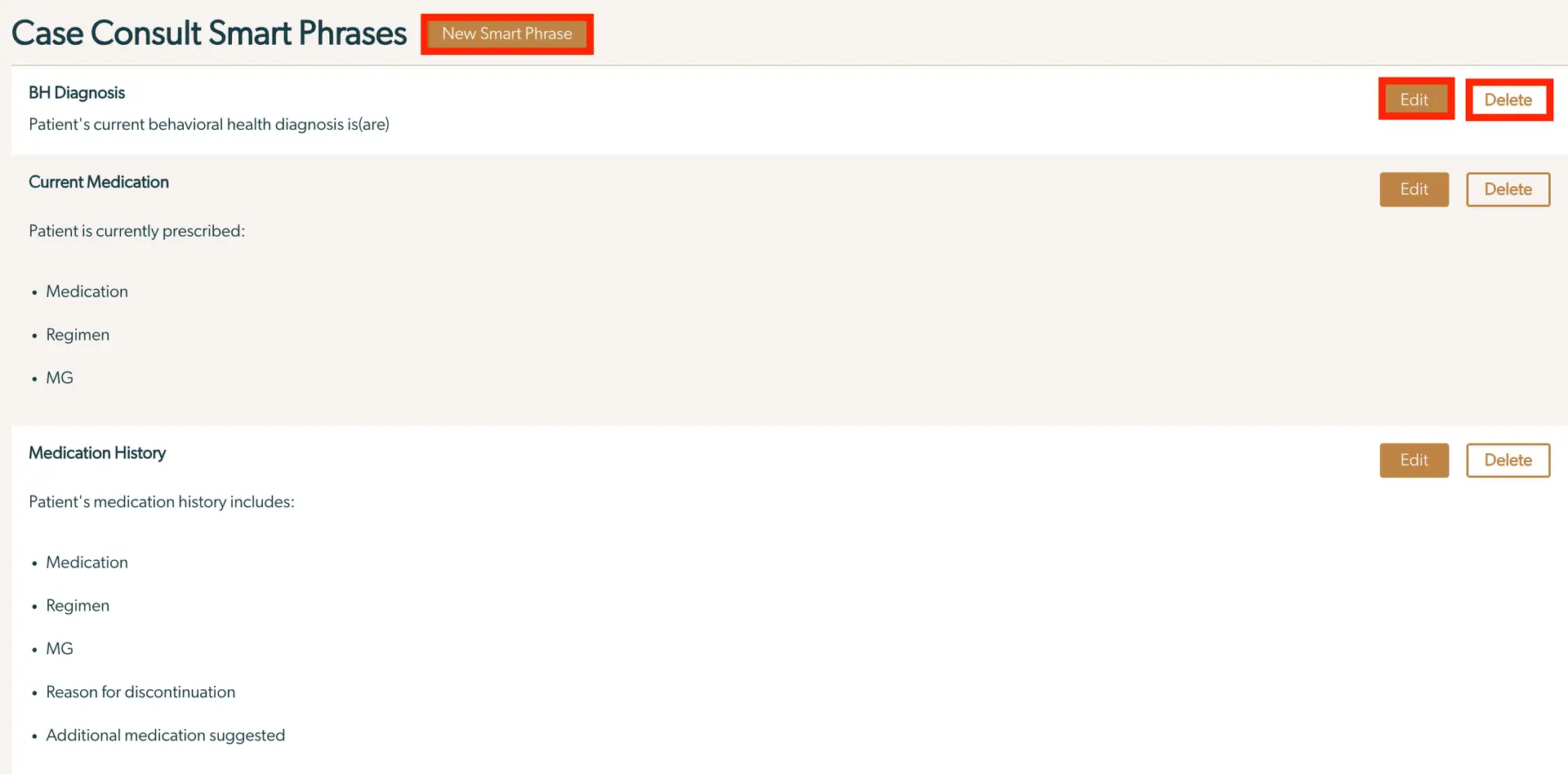 Mirah Collaborative Care Case Consult Smart Phrases management screen