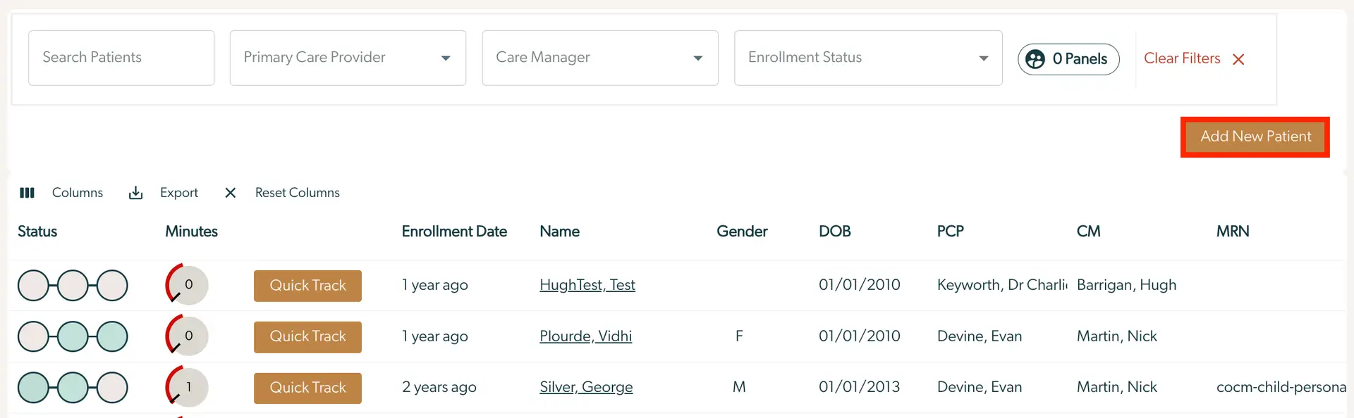 Mirah Collaborative Care Patients Test Patients screen showing patient list with search and filter options.