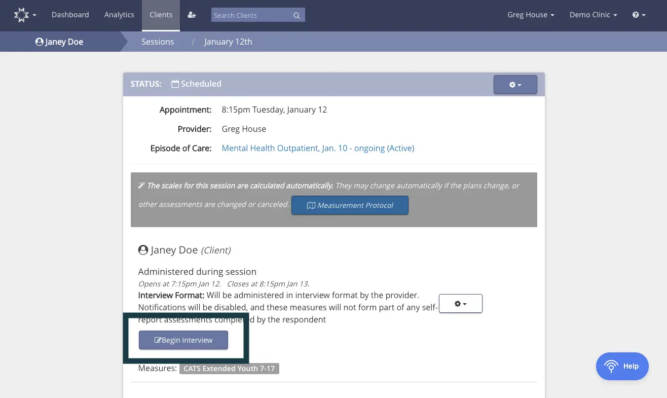 Mirah platform session page for Janey Doe on January 12th
