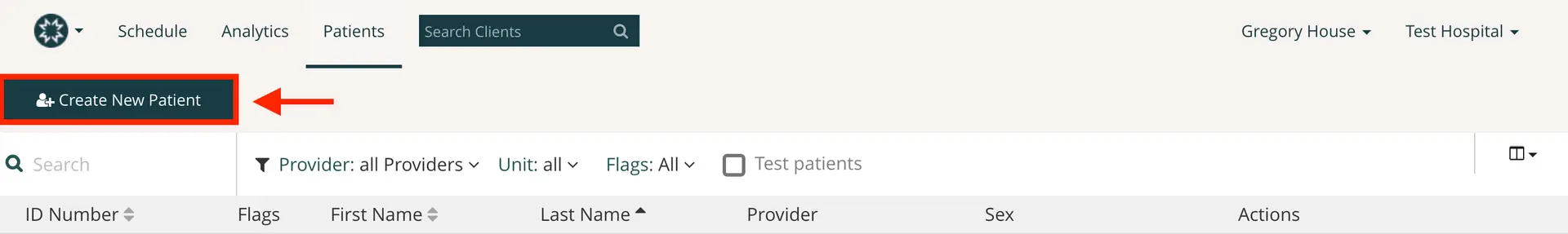 Mirah Patients section with Create New Patient button highlighted