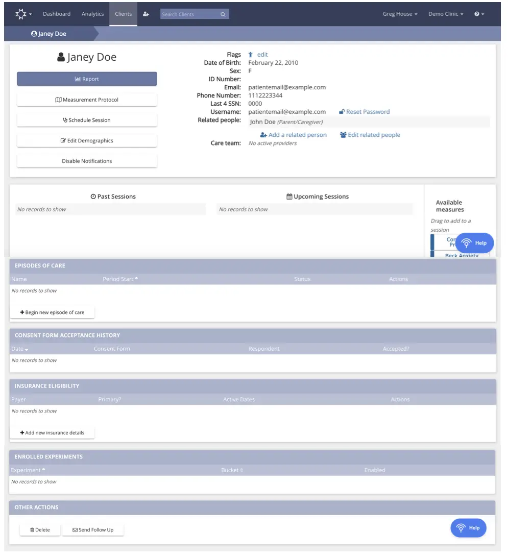 Mirah platform - Janey Doe Patient's Details Page