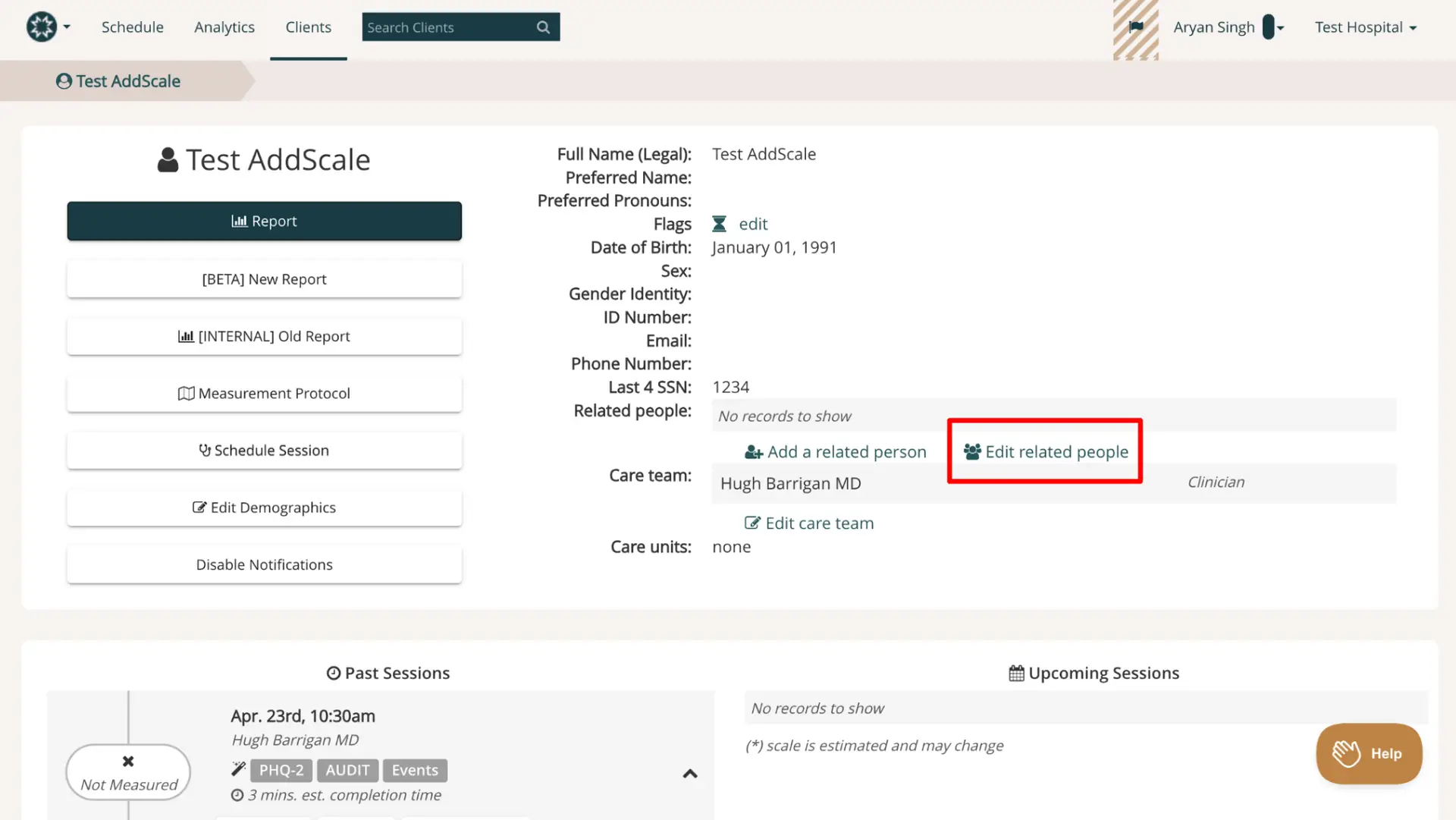 Mirah platform patient interface for Test AddScale showing patient details and session information