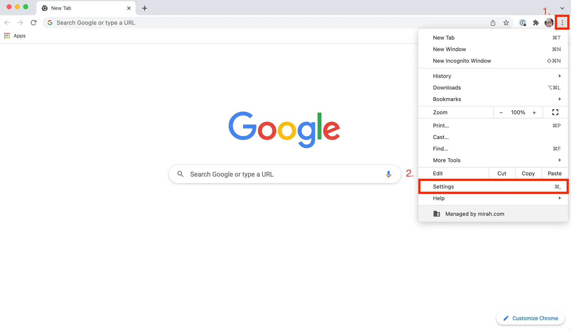 Google Chrome new tab page with settings menu open for troubleshooting auto-logout issue