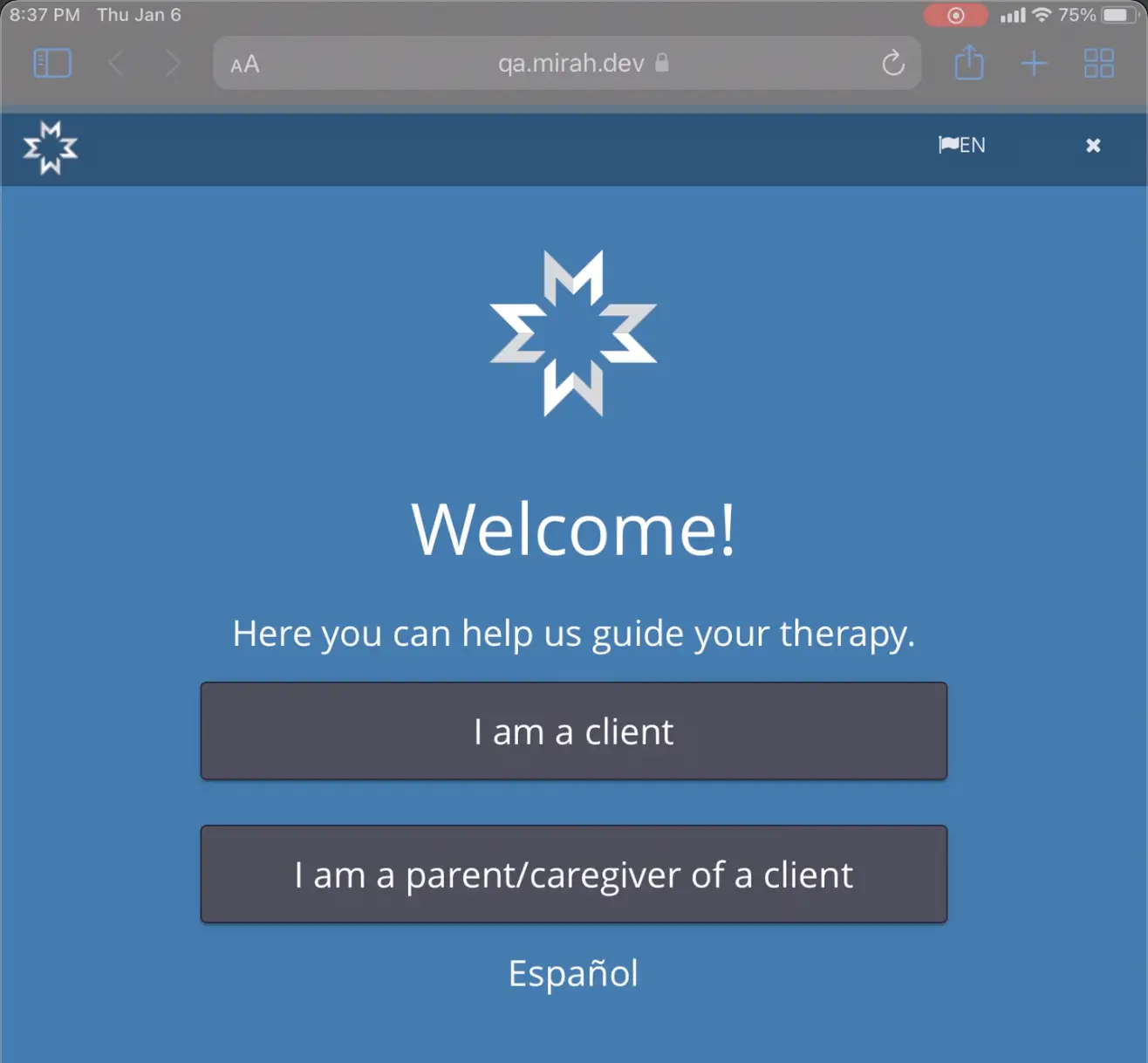 Mirah platform welcome screen on iPad for configuring therapy guidance