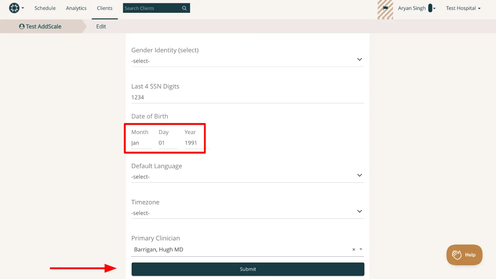 Mirah platform client edit screen showing patient information fields and submit button