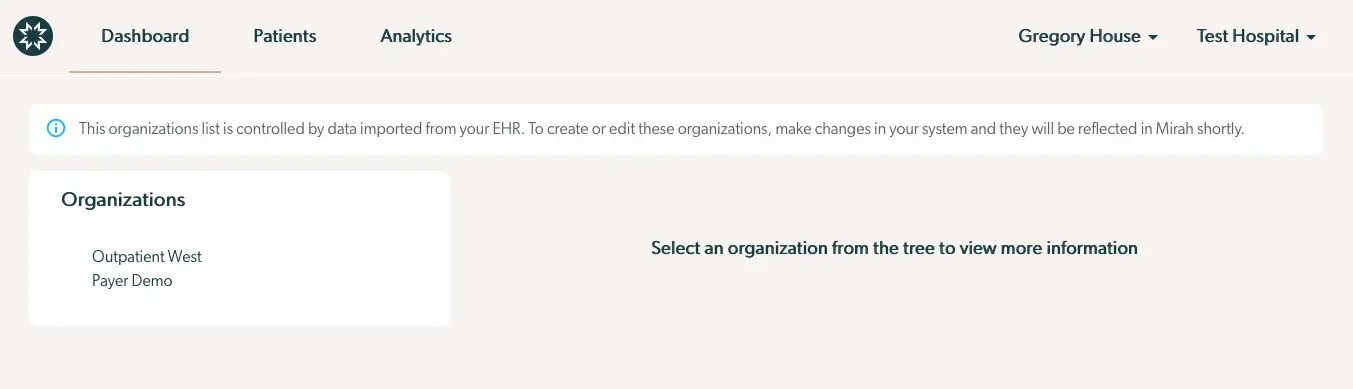 Mirah platform organization management screen with navigation bar and organization list.