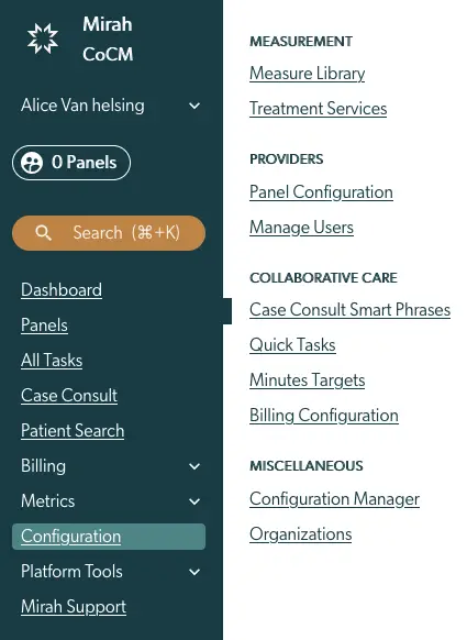 Mirah Configuration vertical navigation menu with Collaborative Care options