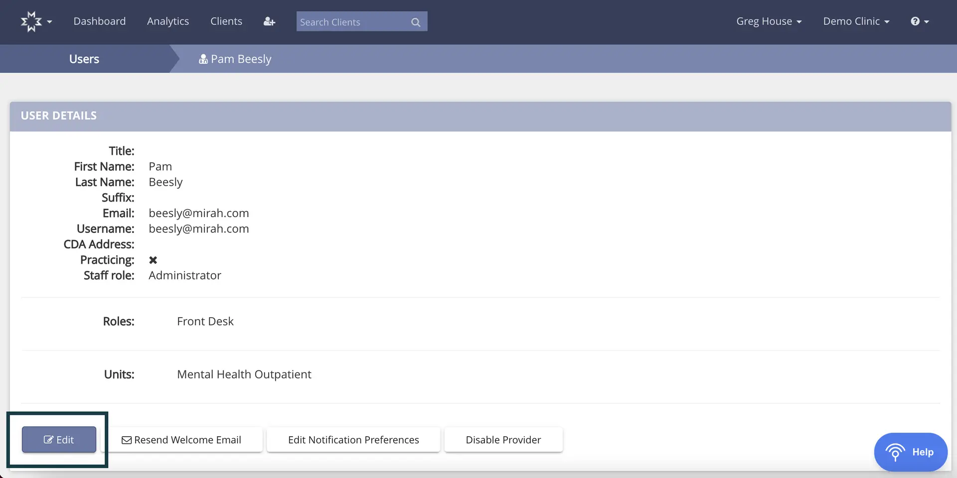 Mirah platform user details page for Pam Beesly showing user information and management options.