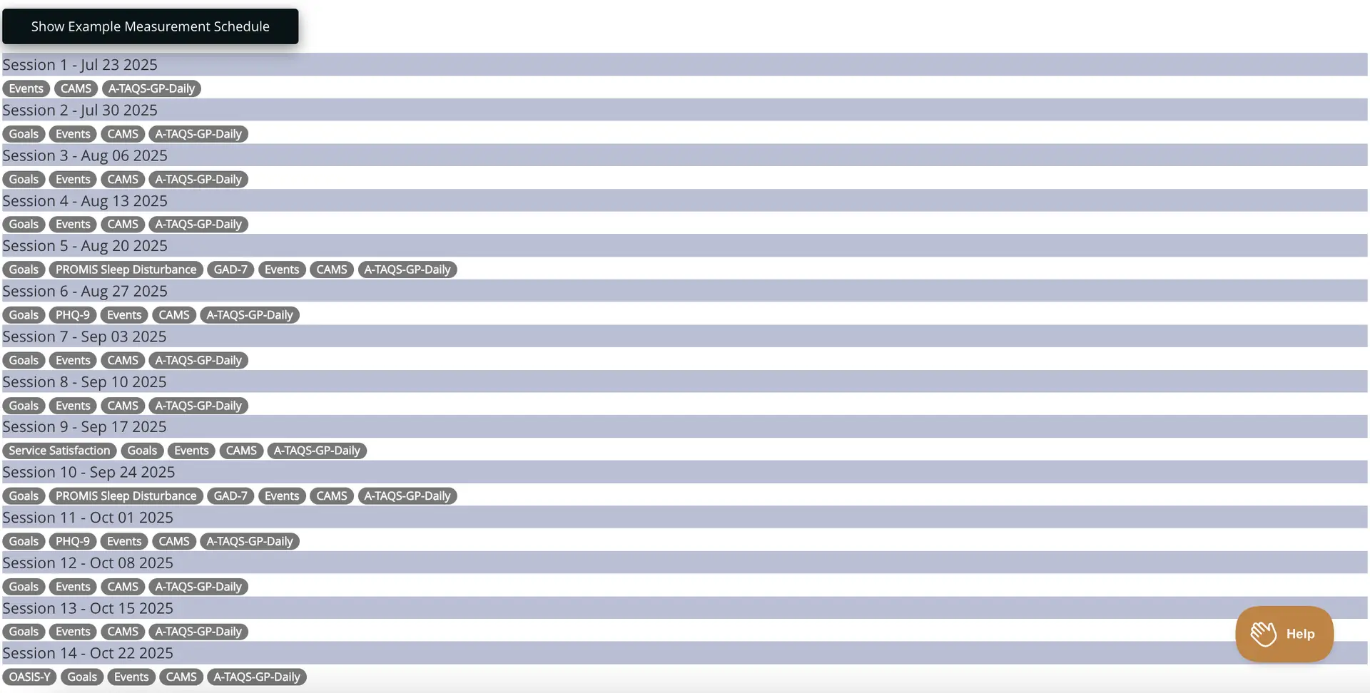 Mirah Measurement Protocol Tool showing session schedule from July 23, 2025, to October 22, 2025, with various measures and assessments listed for each session.