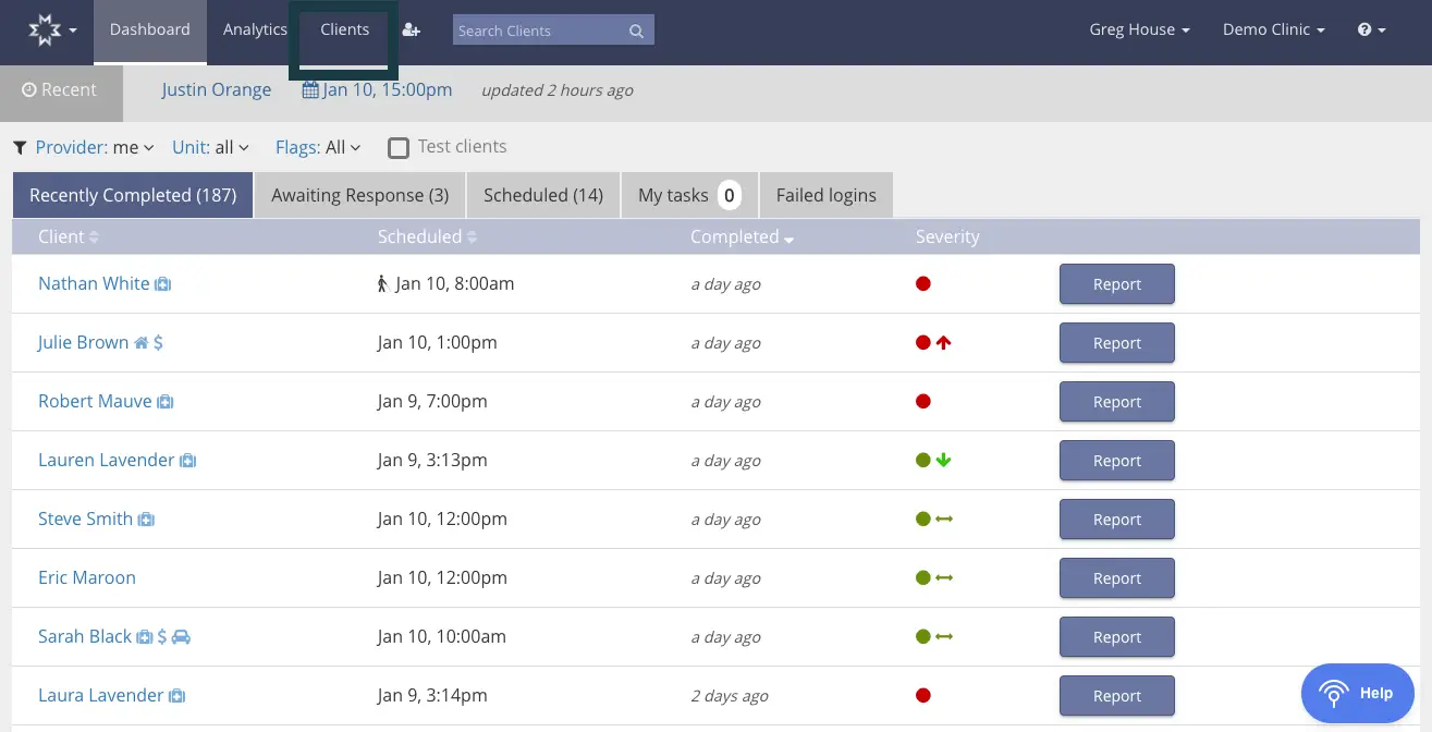 Mirah platform Clients section showing patient list with scheduled times and severity indicators.