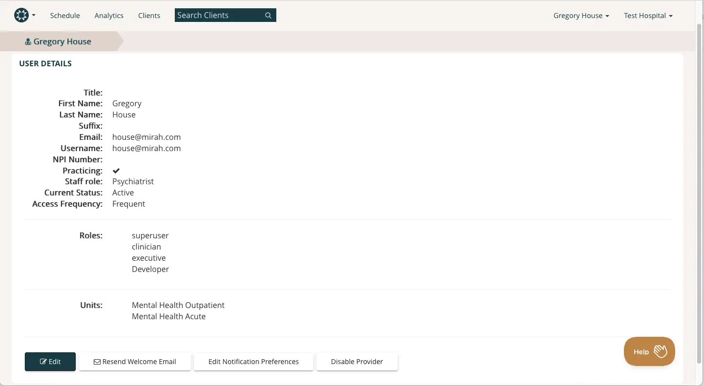 Mirah platform user details page for Gregory House showing user information and management options.