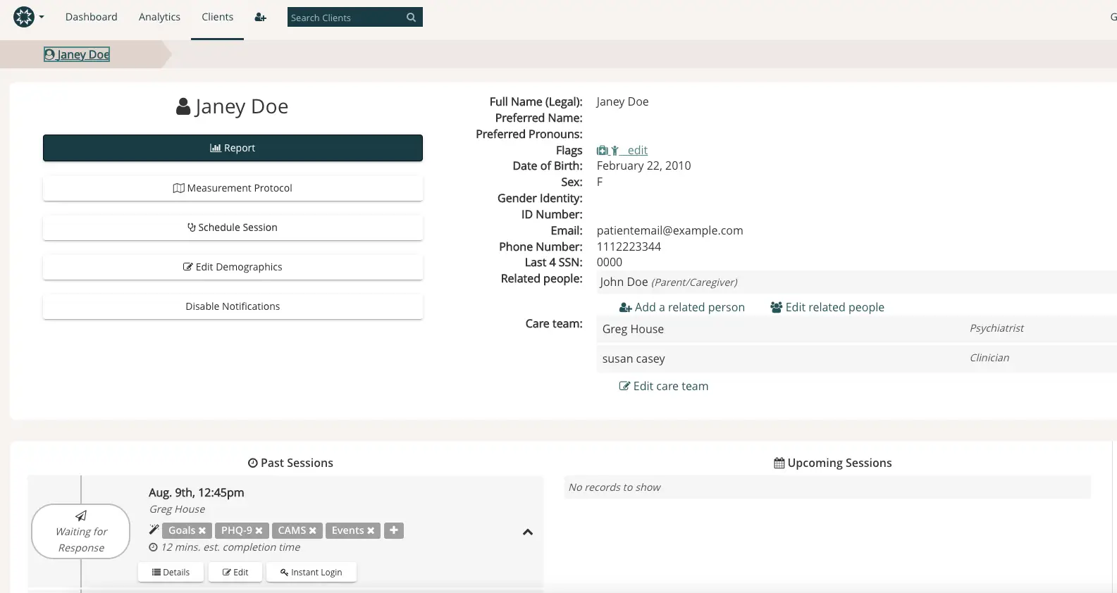 Mirah platform patient profile page for Janey Doe under Clients section