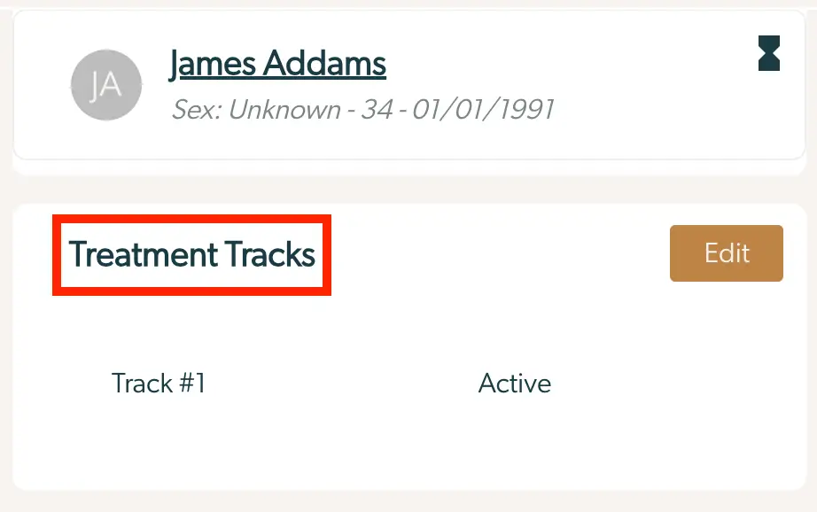 Mirah platform Treatment Tracks section for patient James Addams