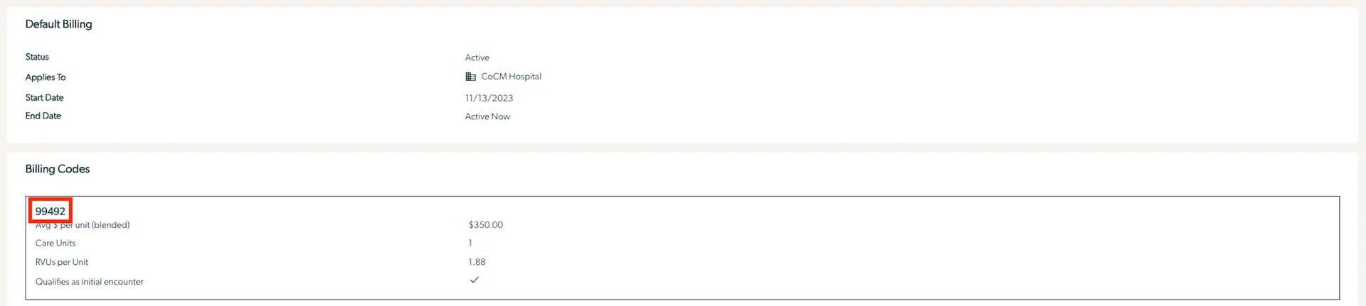 Mirah Collaborative Care Billing Insights screen showing Default Billing and Billing Codes sections