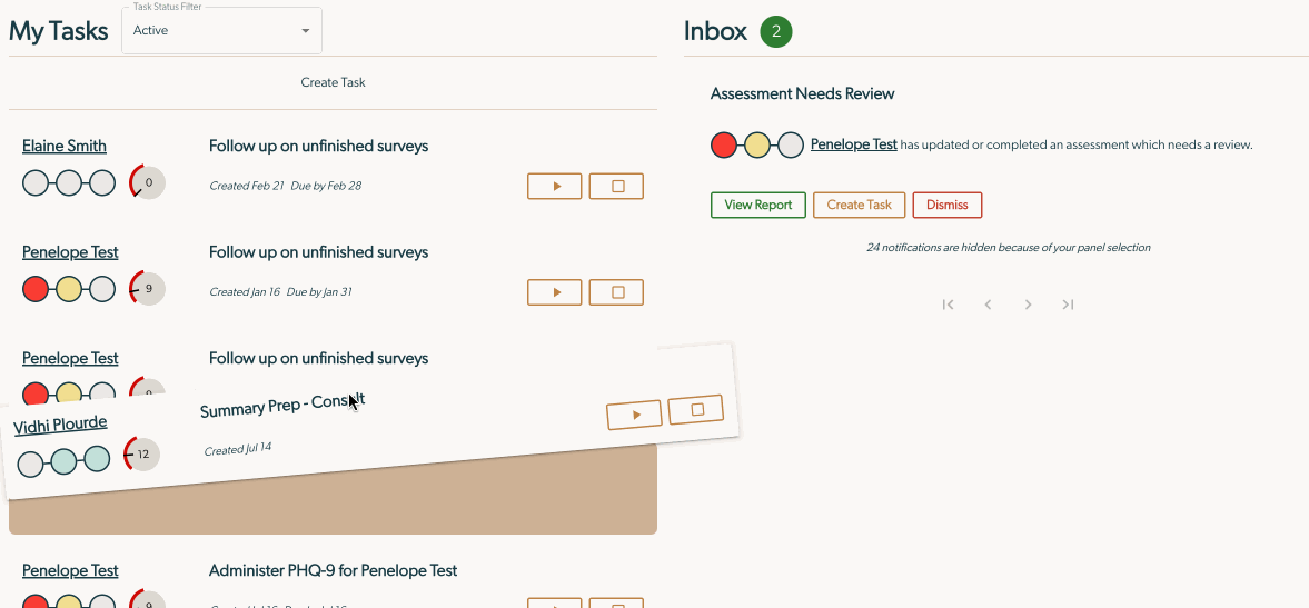 Mirah Collaborative Care Dashboard showing My Tasks and Inbox sections with task list and assessment review options.