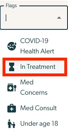 Mirah platform Flags menu showing options like COVID-19 Health Alert, In Treatment, Med Concerns, Med Consult, and Under age 18.