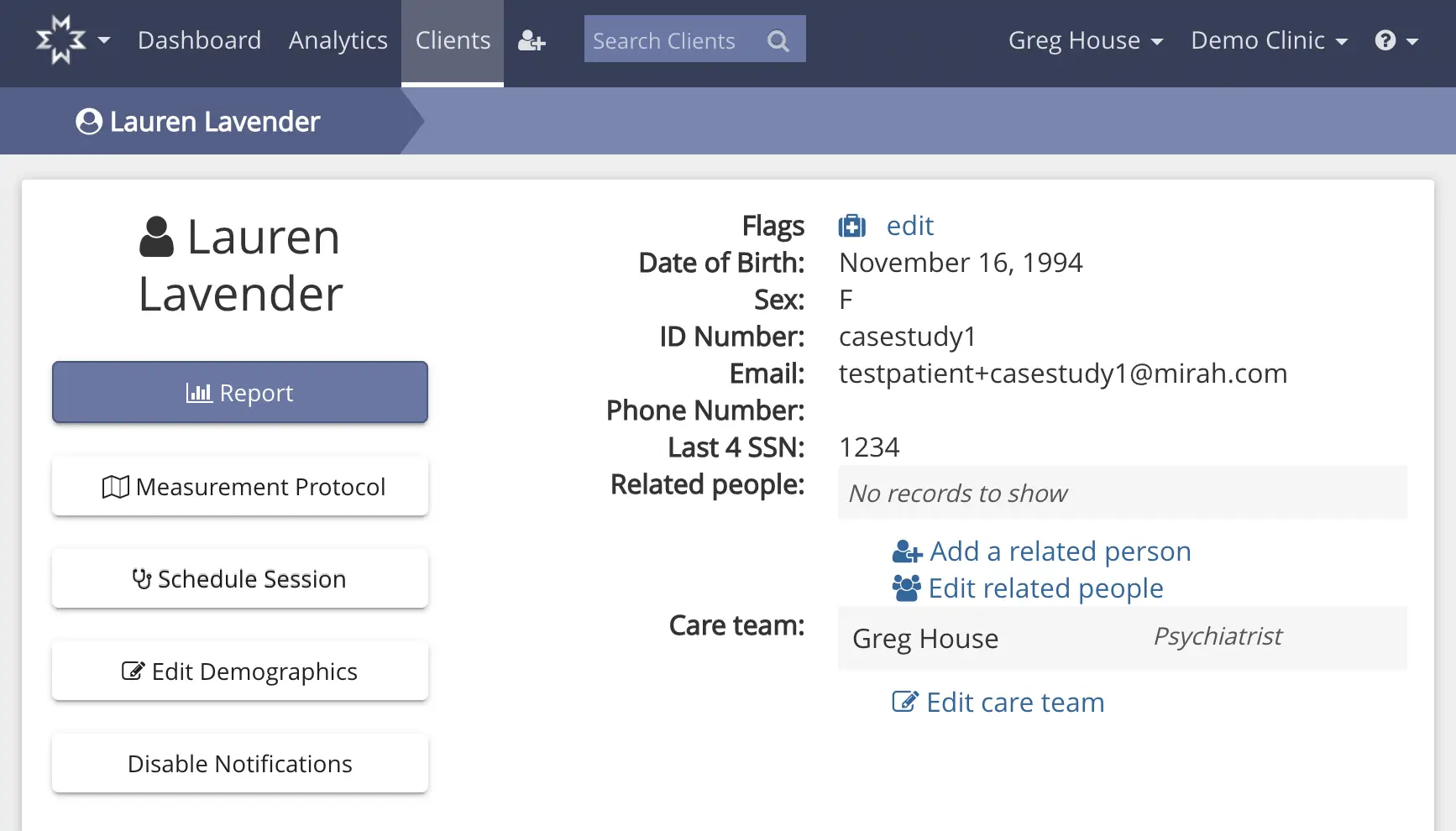 Mirah platform patient profile page for Lauren Lavender under Clients section.