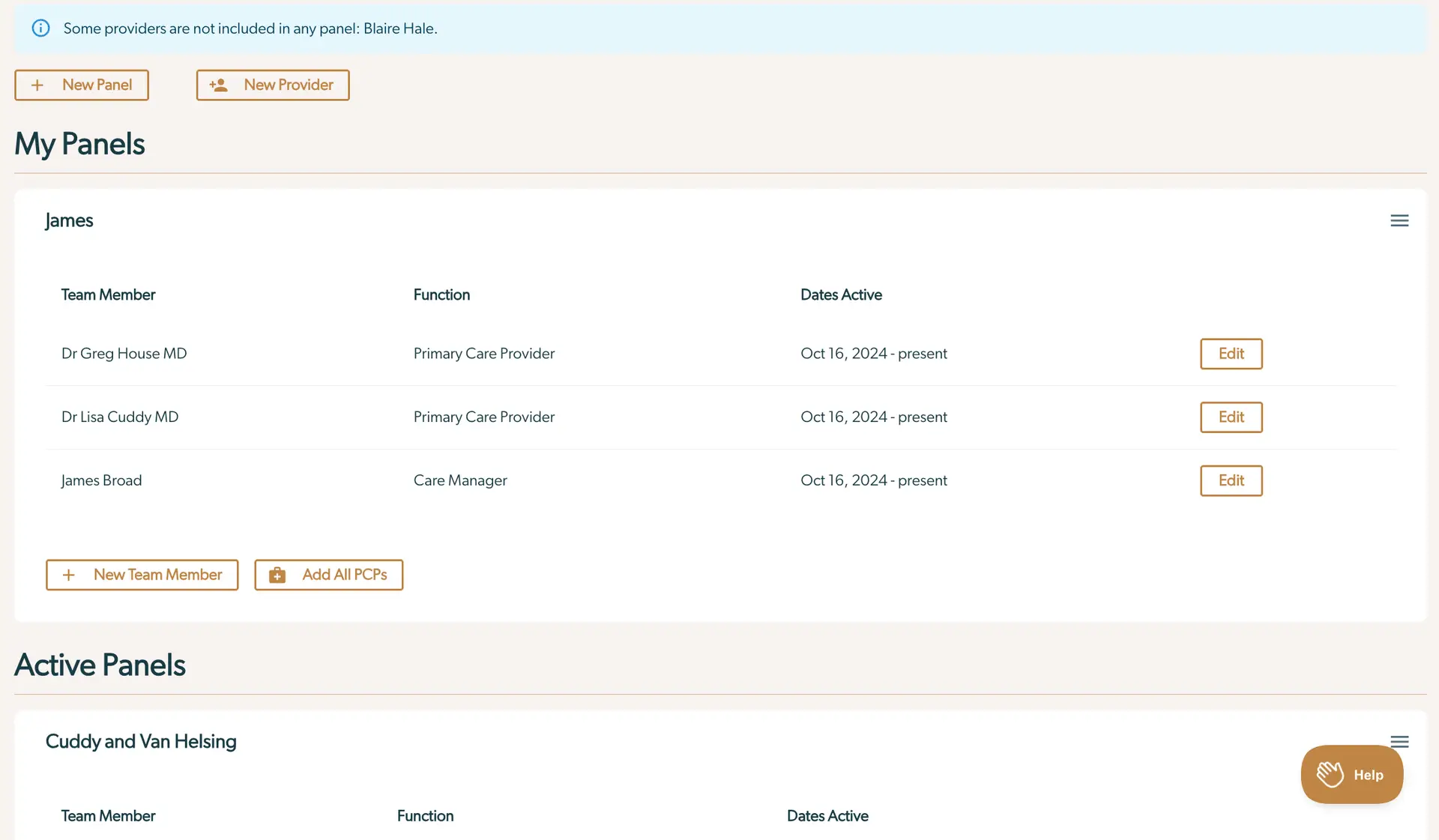 Mirah platform My Panels section for managing user panels in collaborative care