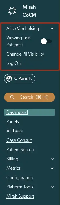 Mirah CoCM Collaborative Care vertical navigation menu showing user options and main navigation links.