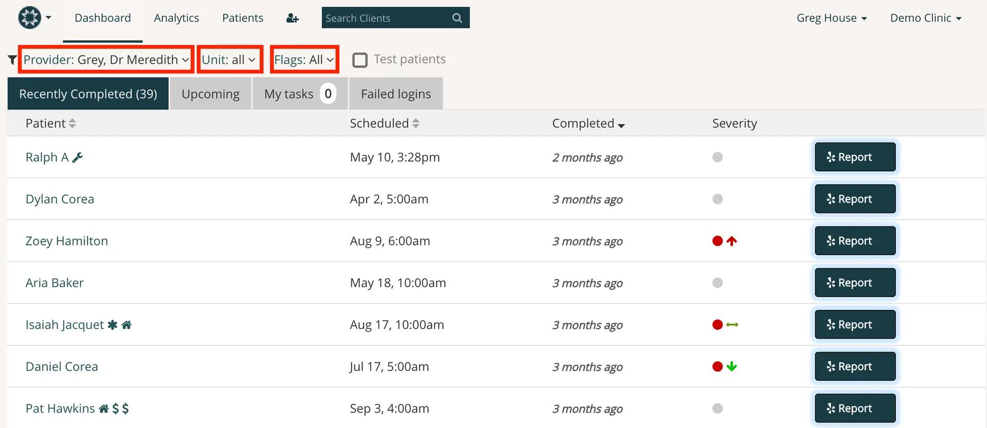 Mirah platform interface showing clinical feedback reports with filters for provider, unit, and flags, and a list of patients with report buttons.