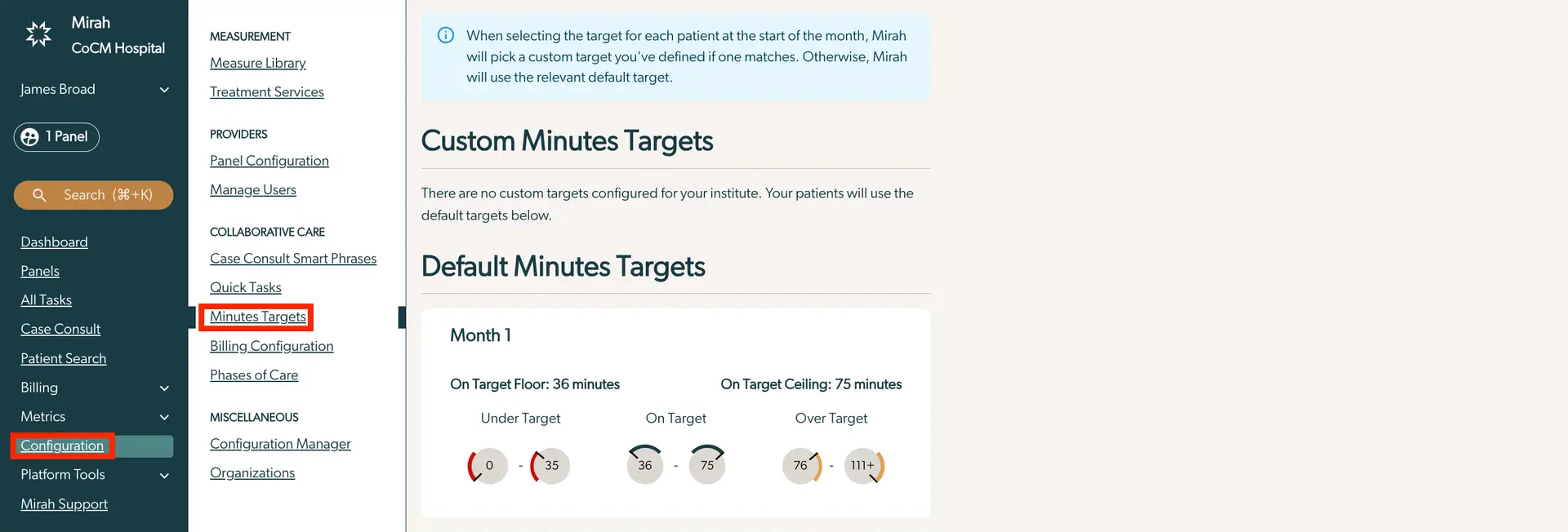 Mirah Collaborative Care Minutes Targets configuration screen