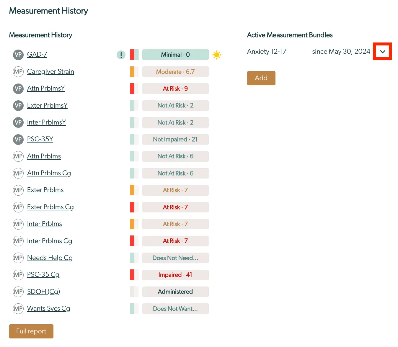Mirah Collaborative Care Measurement History and Active Measurement Bundles screen