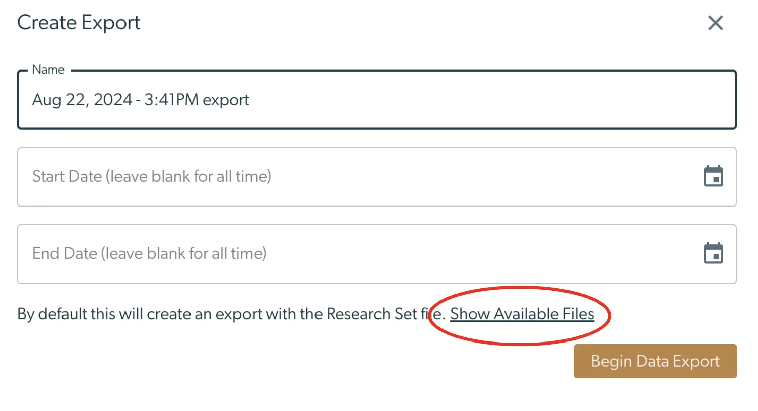 Mirah Data Exports Create Export screen for bulk data download instructions for billing of MBC assessments