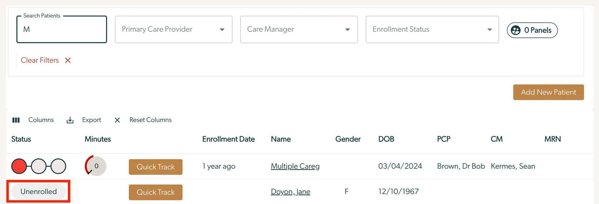 Mirah Collaborative Care Patients Enrollment Screen
