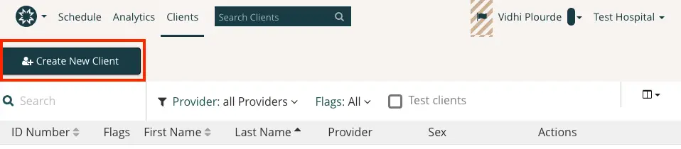 Mirah Clients section with Create New Client button and patient management table