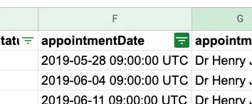 Mirah Data Exports - Bulk Data Download showing appointmentDate and appointmentProvider columns.