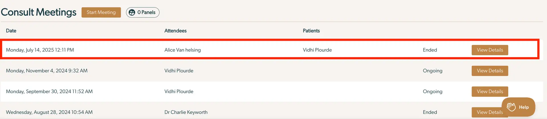 Mirah Collaborative Care Consult Meetings screen showing a list of meetings with details and options to view more information.