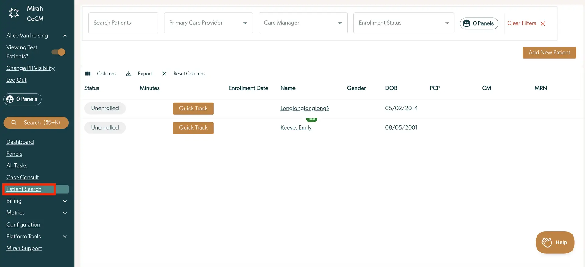 Mirah Collaborative Care Patient Search page showing test patients