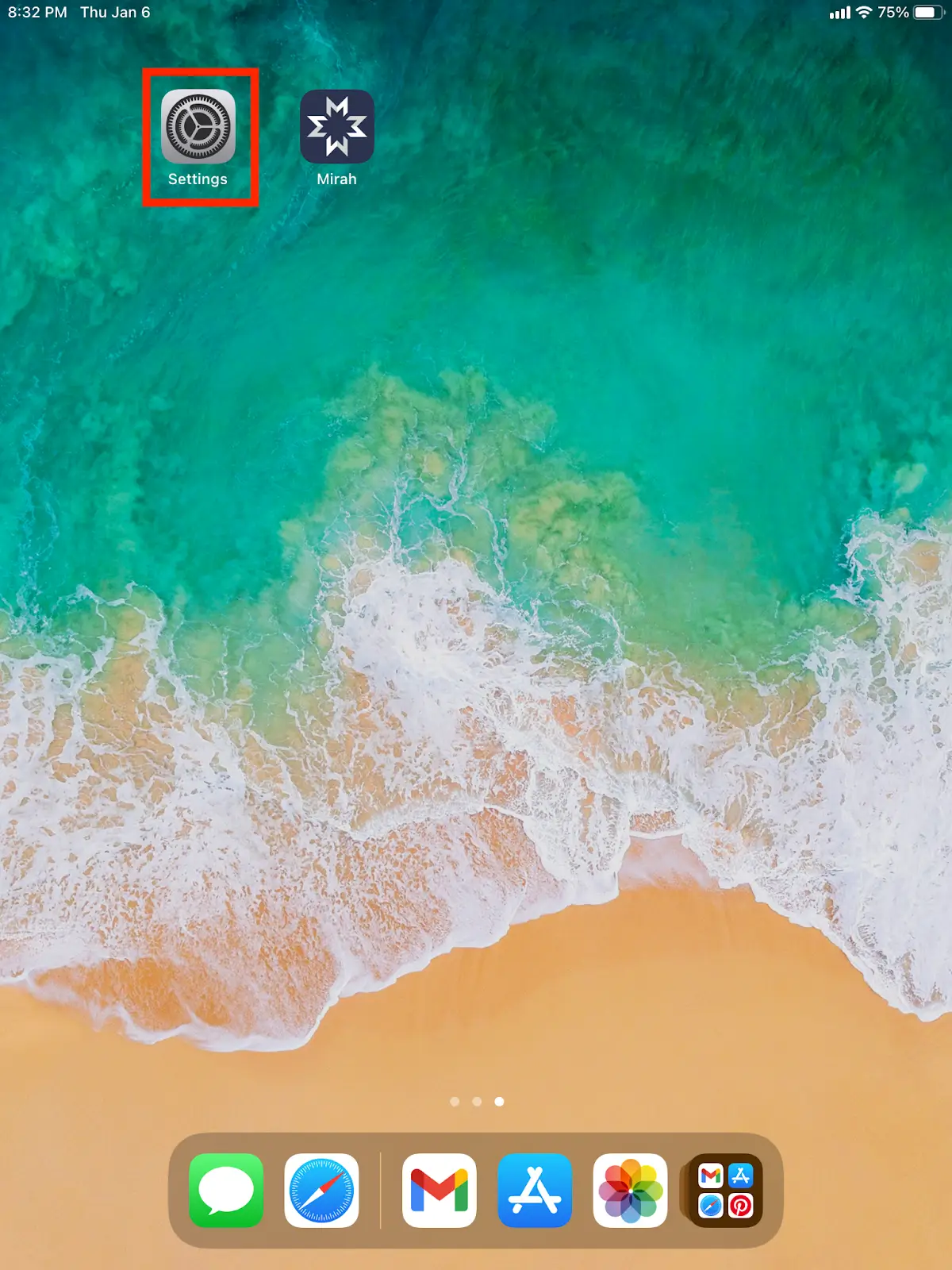 iPad home screen showing Settings and Mirah app icons with beach background.
