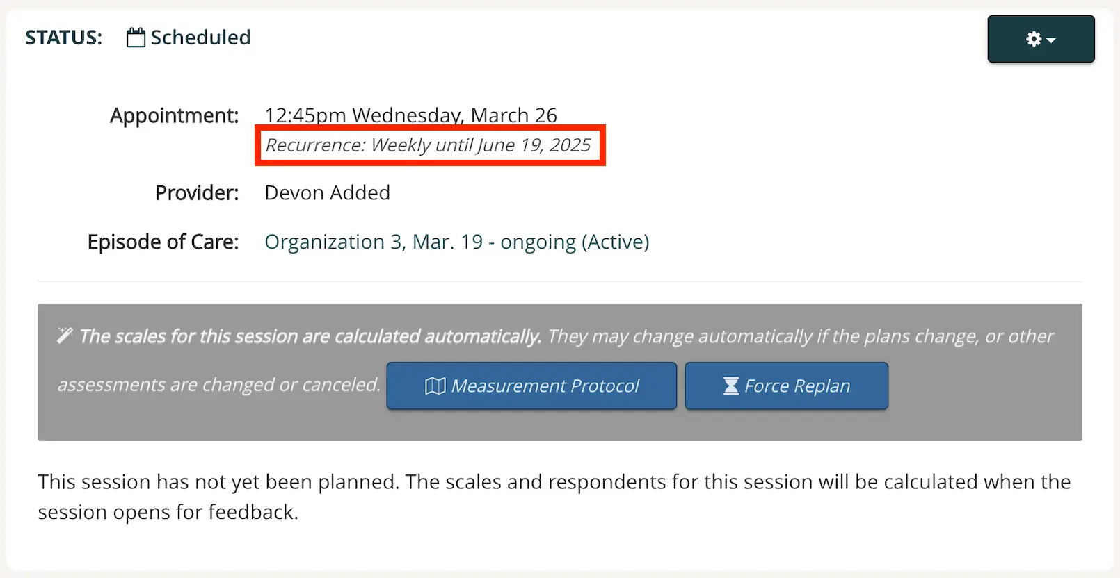 Mirah platform screenshot showing scheduled recurring appointment details