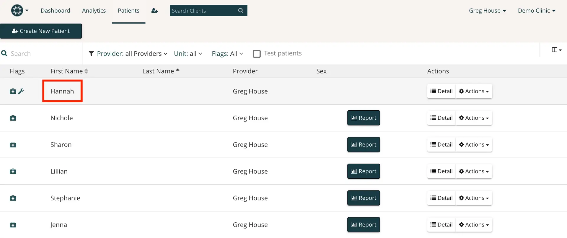 Mirah platform Patients tab showing a list of patients with options to view details and generate reports.
