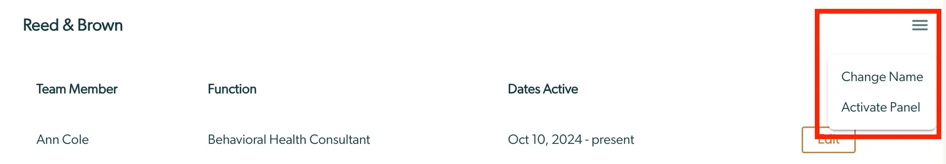 Mirah Collaborative Care panel management interface showing team member details and options to change name or activate panel.