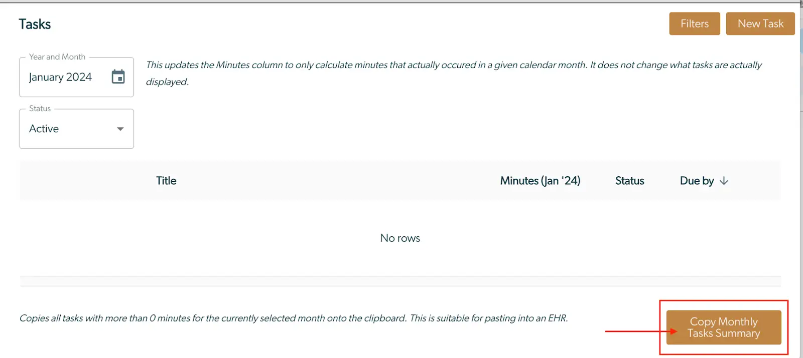 Mirah Collaborative Care Tasks screen for January 2024 with no tasks listed and options to filter, create new tasks, and copy monthly tasks summary.
