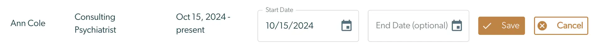 Mirah Collaborative Care Panel Creation and Editing screen showing Ann Cole, Consulting Psychiatrist, with start date 10/15/2024 and options to save or cancel.