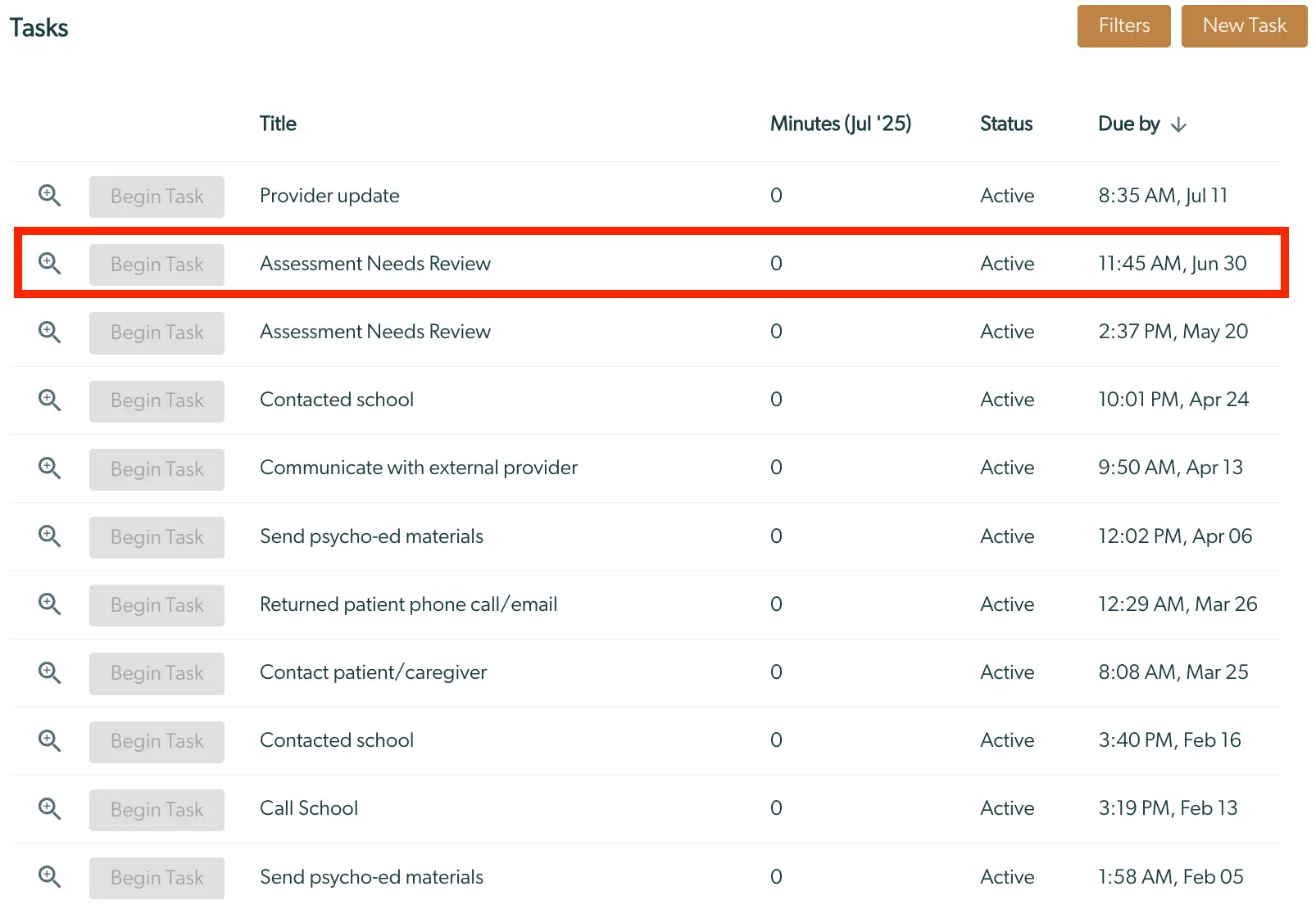 Mirah Collaborative Care Tasks page showing a list of tasks with details such as title, minutes, status, and due date.