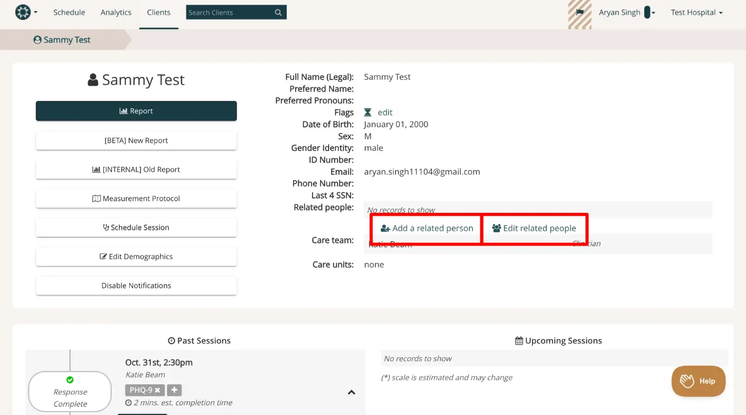Mirah platform client profile page for Sammy Test showing options to add or edit related people.